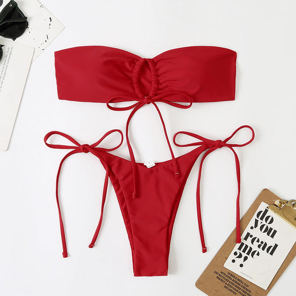 Düz Renk Plise Detaylı Bikini