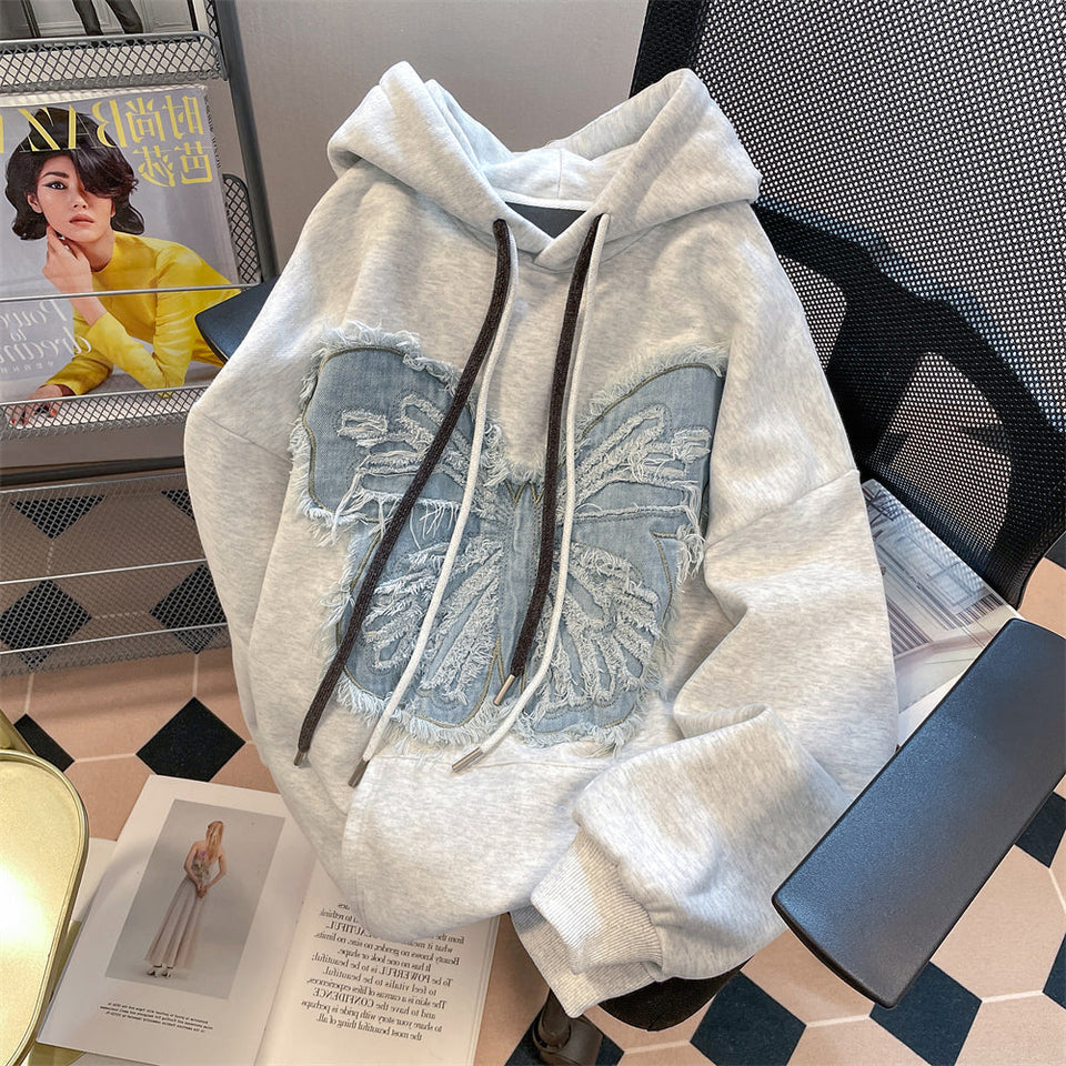Denim Patch Kelebek Kapüşonlu Sweatshirt