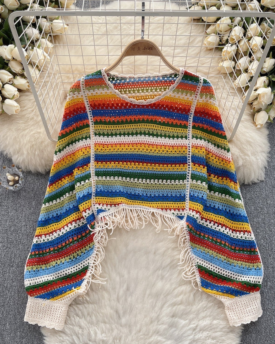 Renkli Çizgili Boşaltılmış Fringed Triko