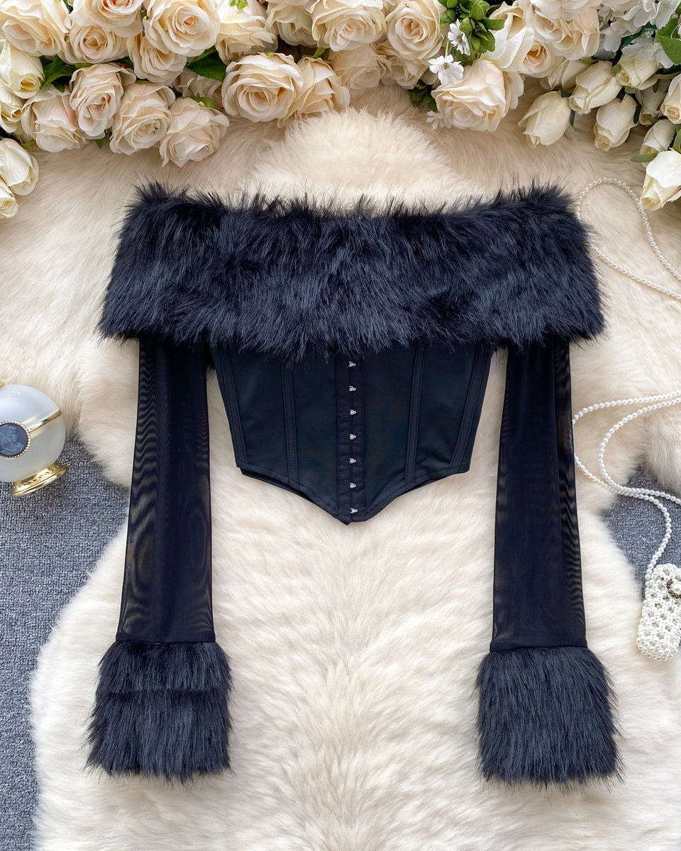 Kabarık Manşet Off-shoulder Siyah Üst