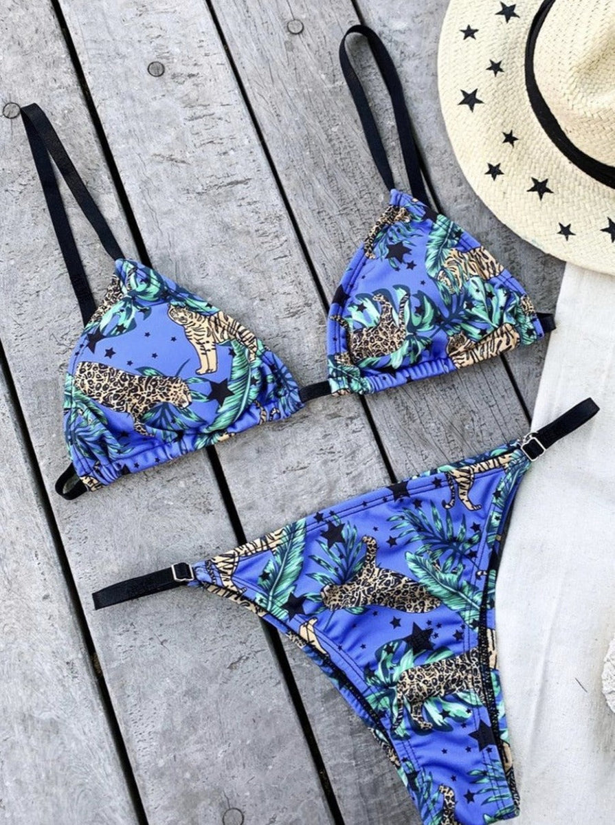Renkli Leopar Desenli Bağcıklı Bikini