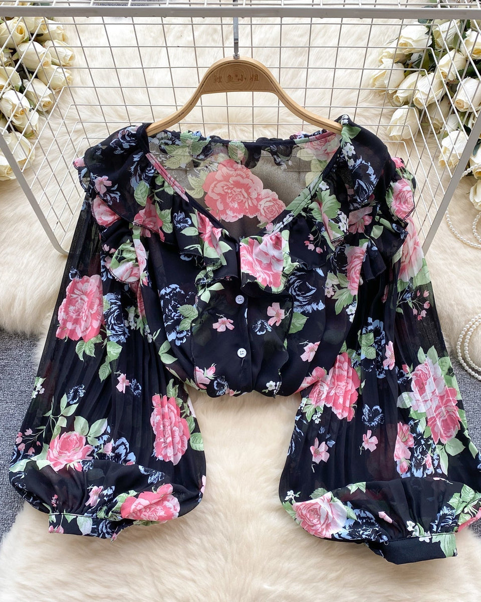 Tatlı Ruffled Şifon Çiçekli Bluz