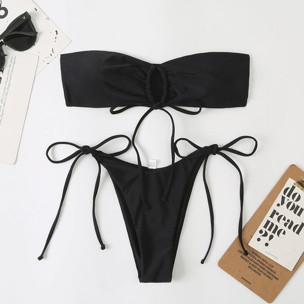 Düz Renk Plise Detaylı Bikini
