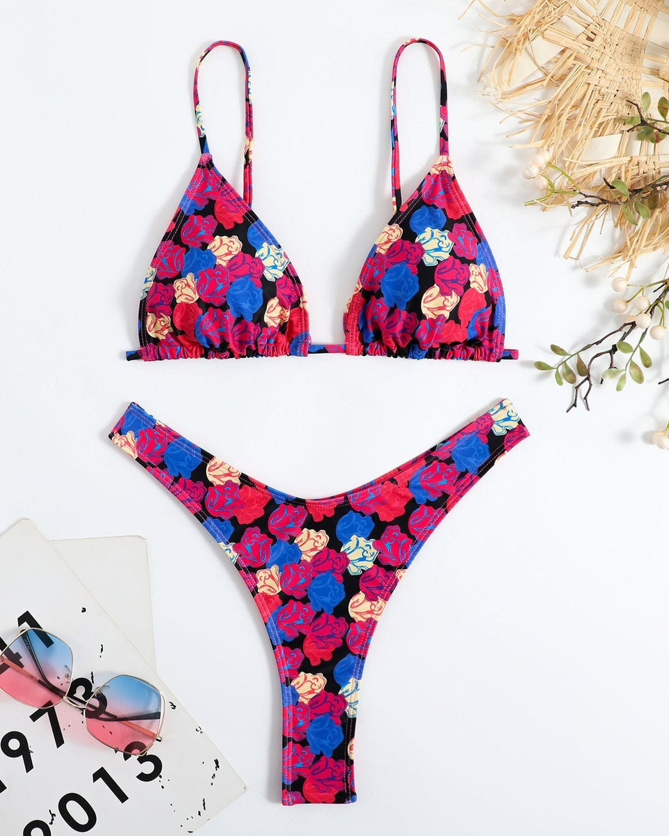 Renkli Çiçek Desenli Halter Bikini