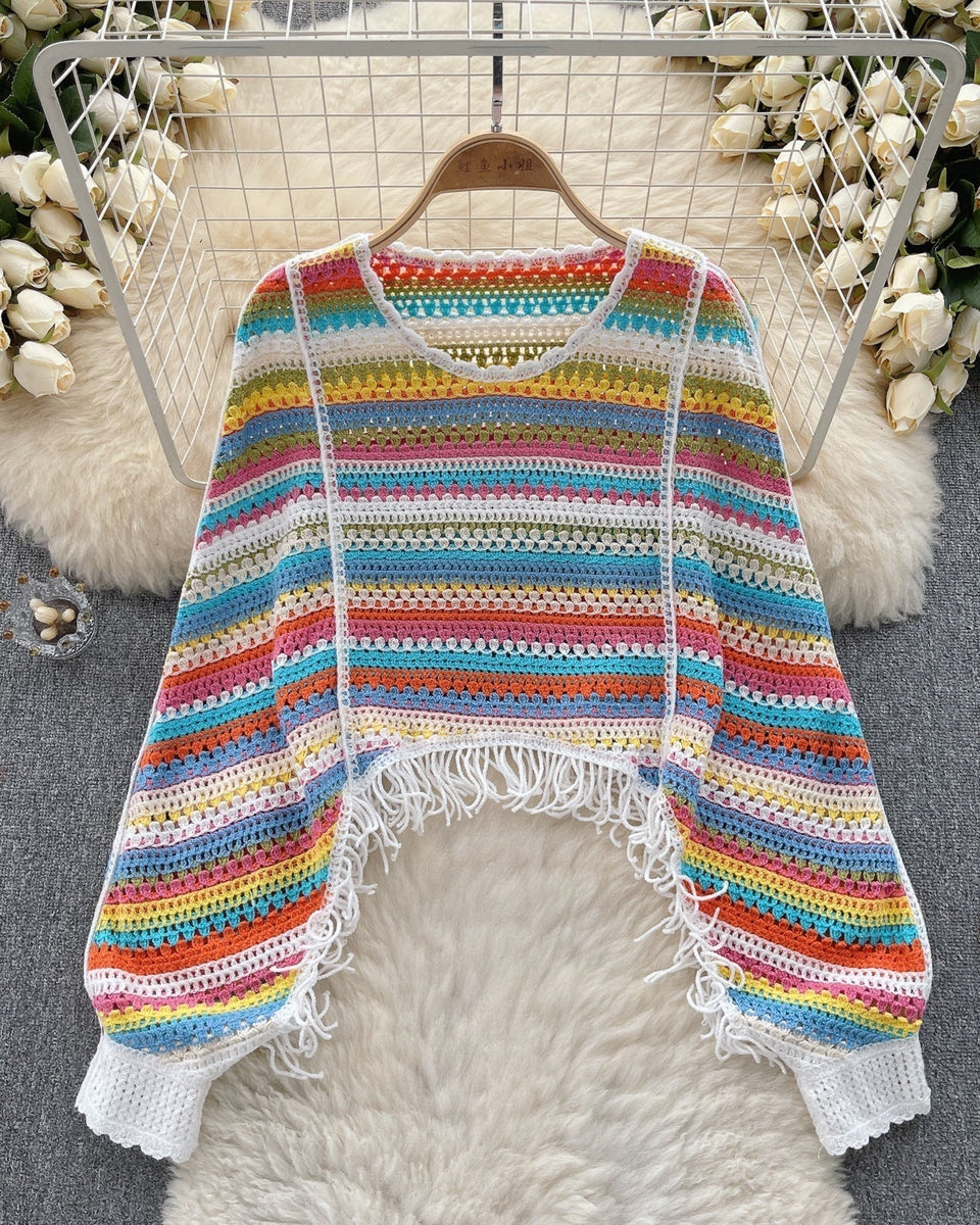 Renkli Çizgili Boşaltılmış Fringed Triko