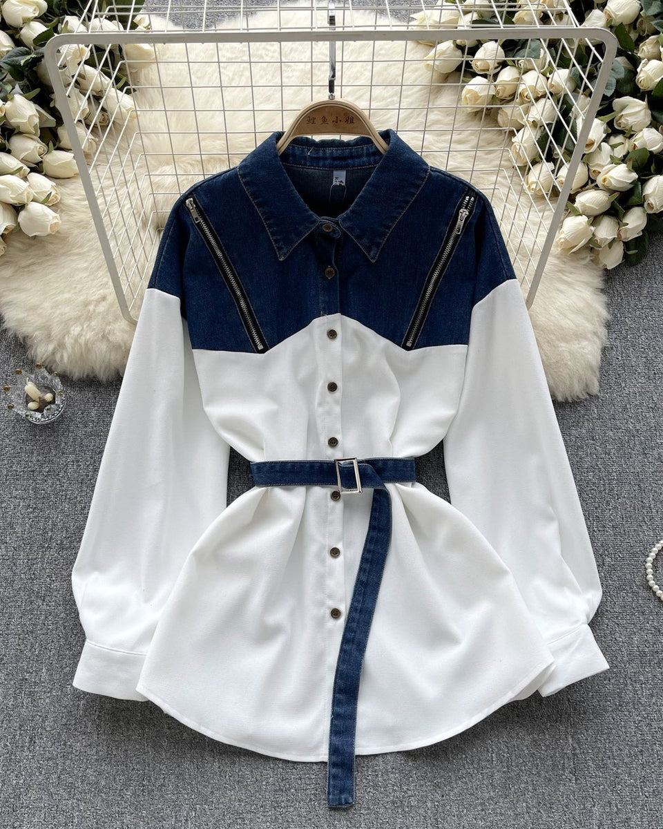 Niş Çizgili Patchwork Denim Gömlek