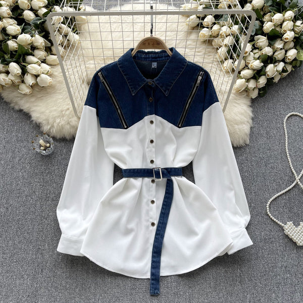 Niş Çizgili Patchwork Denim Gömlek