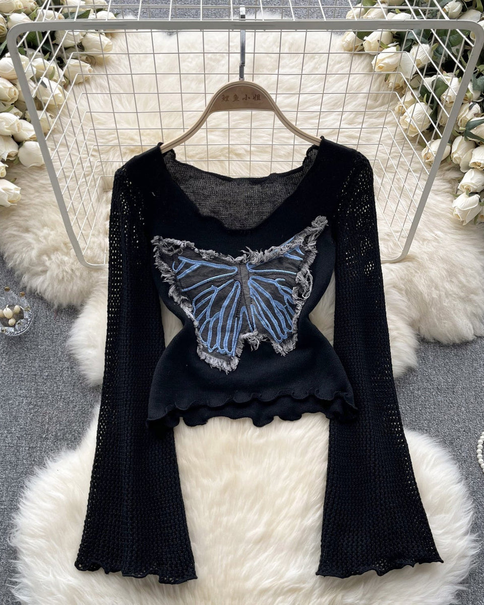 Vintage Kelebek Desenli Triko Bluz