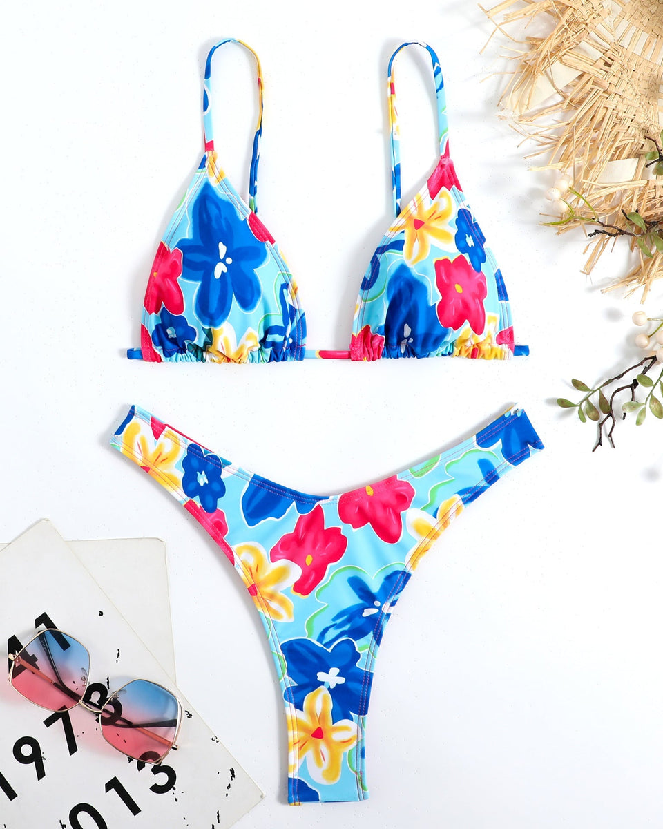 Renkli Çiçek Desenli Halter Bikini
