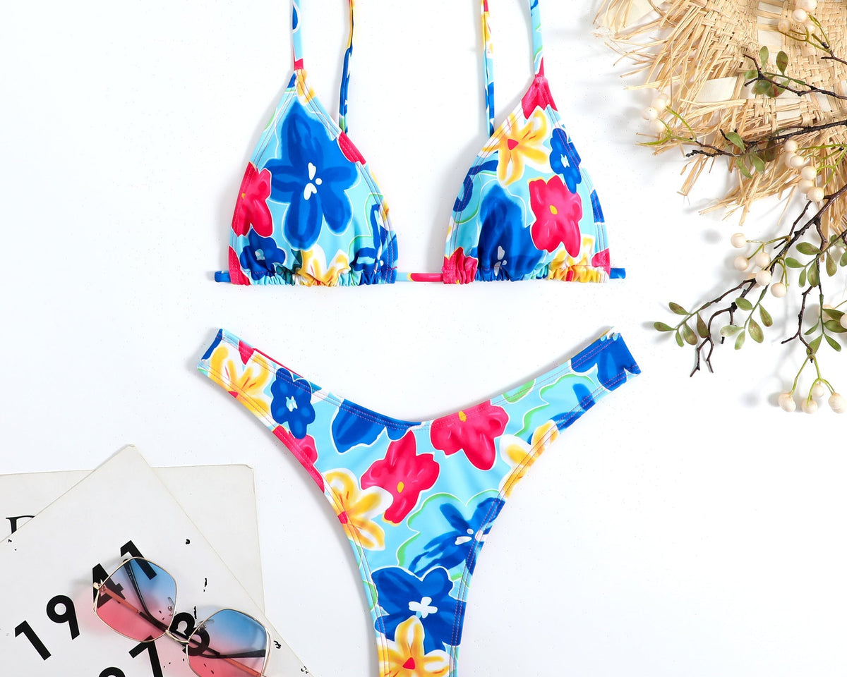 Renkli Çiçek Desenli Halter Bikini
