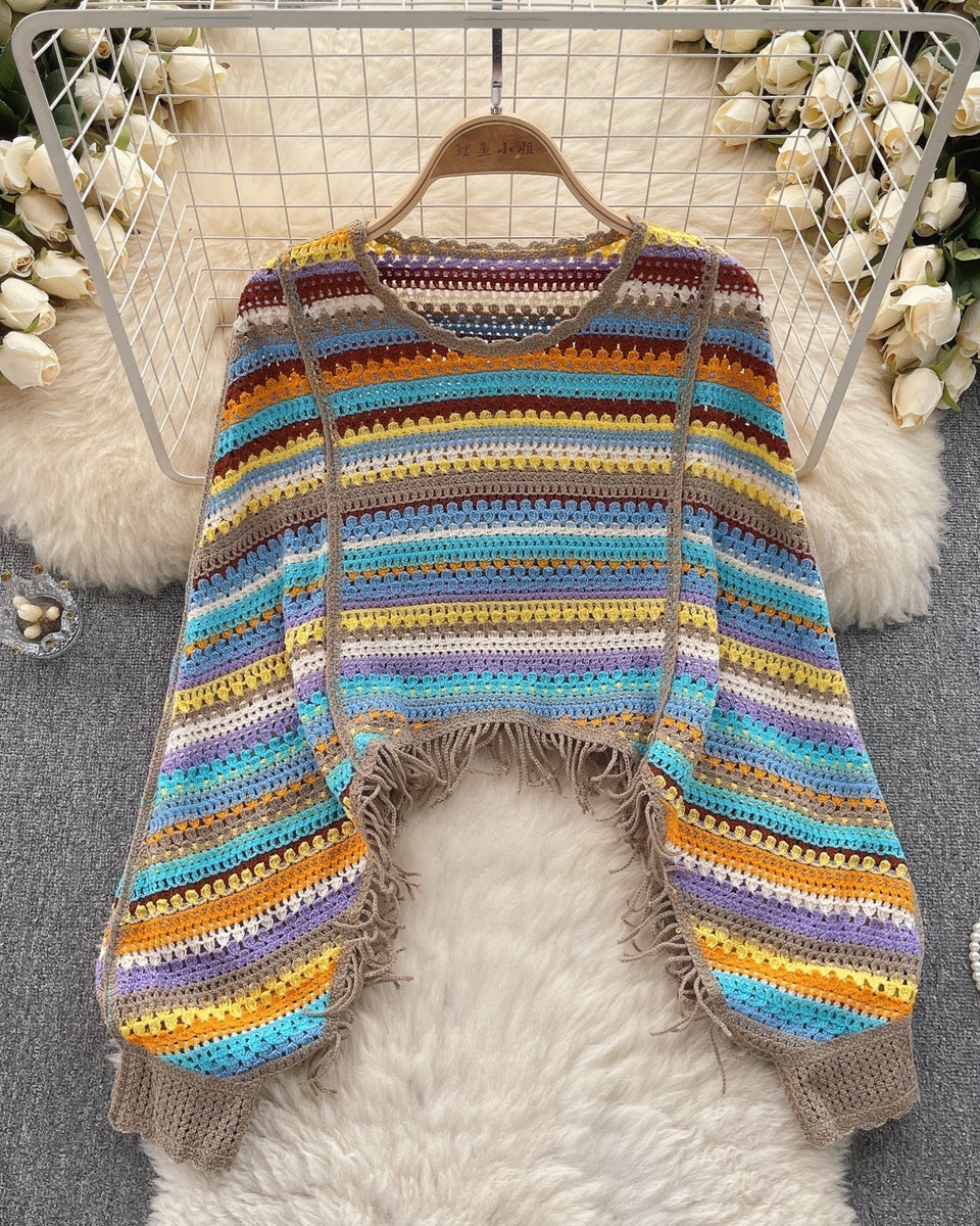 Renkli Çizgili Boşaltılmış Fringed Triko