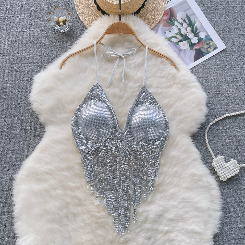 Stamp Halter Yaka Crop Bluz