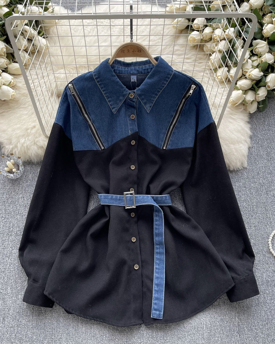 Niş Çizgili Patchwork Denim Gömlek