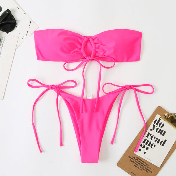 Düz Renk Plise Detaylı Bikini