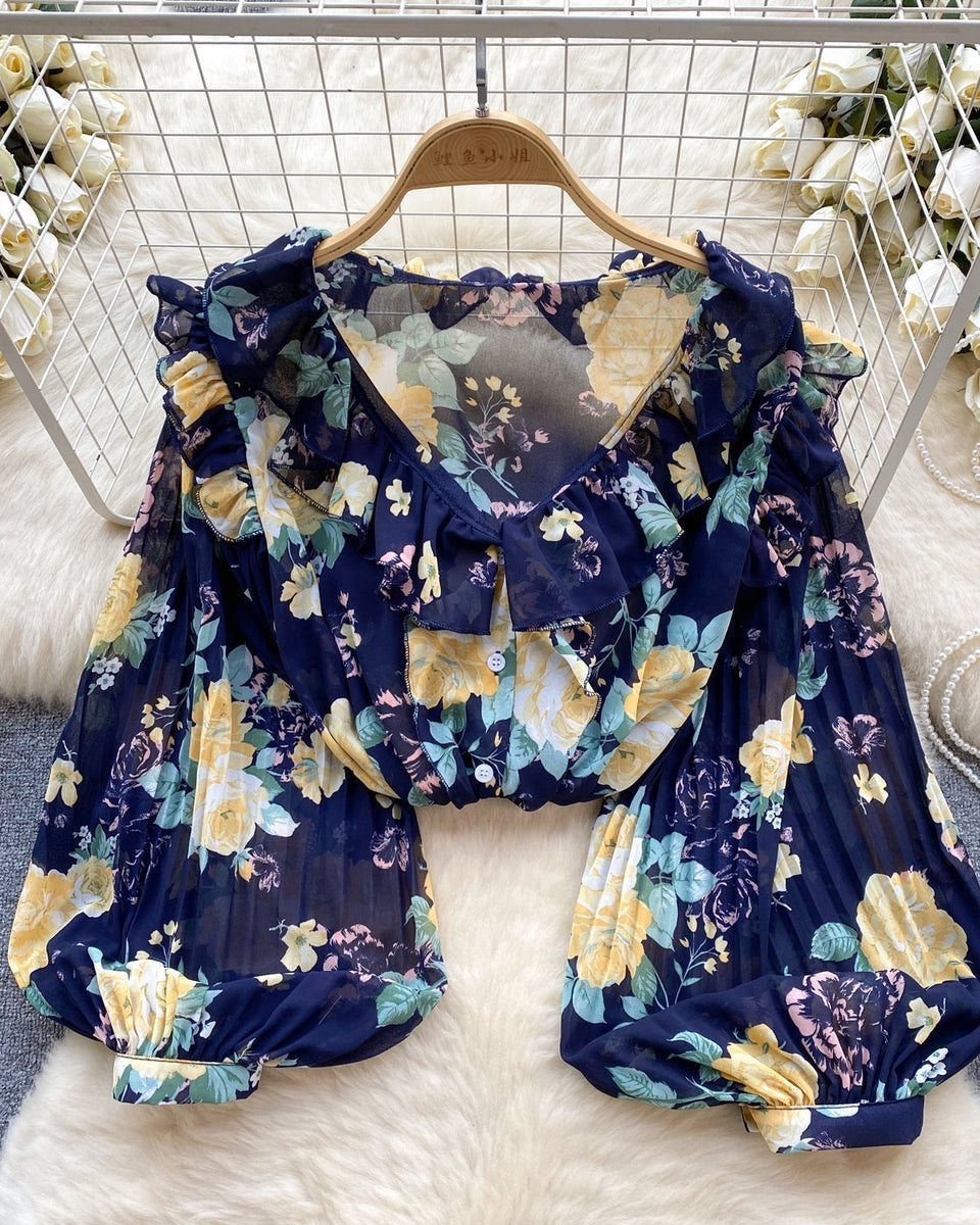 Tatlı Ruffled Şifon Çiçekli Bluz
