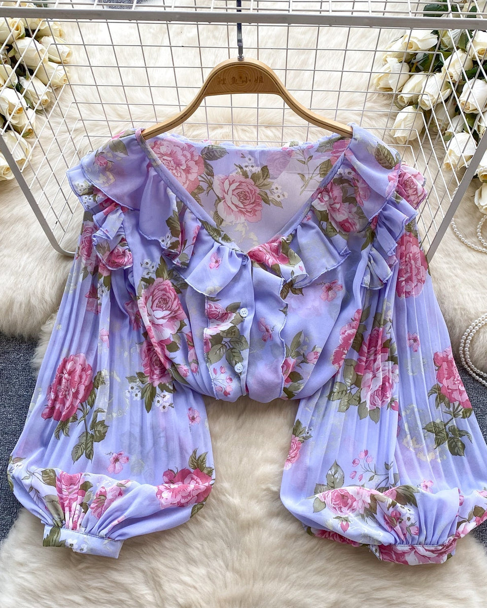 Tatlı Ruffled Şifon Çiçekli Bluz