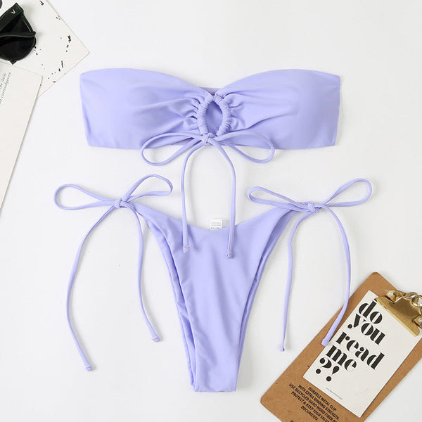 Düz Renk Plise Detaylı Bikini