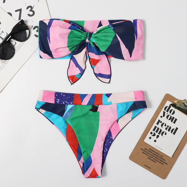 Düğümlü Çiçek Desenli Straplez Bikini