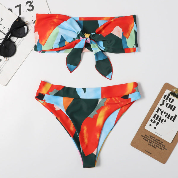 Düğümlü Çiçek Desenli Straplez Bikini