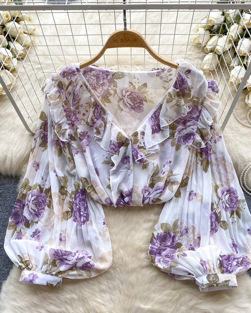 Tatlı Ruffled Şifon Çiçekli Bluz