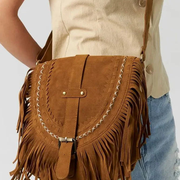 Kıvrımlı Franjeli Koyu Kahverengi Western Cowboy Tarzı Çanta