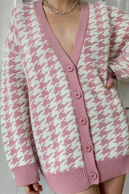 Büyük Beden Houndstooth Desenli Triko Hırka