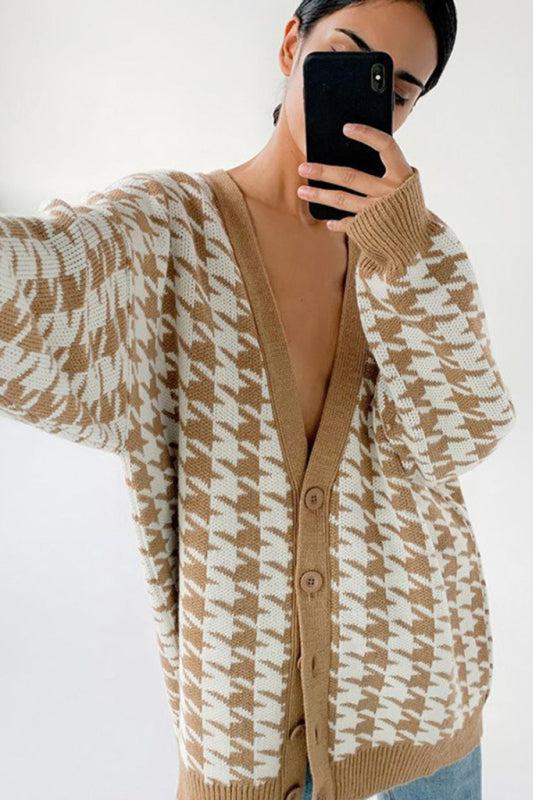 Büyük Beden Houndstooth Desenli Triko Hırka