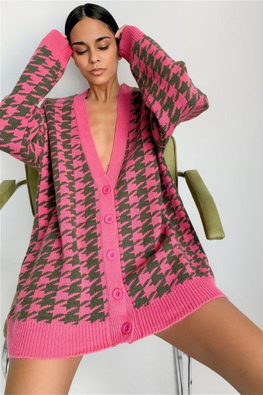 Büyük Beden Houndstooth Desenli Triko Hırka
