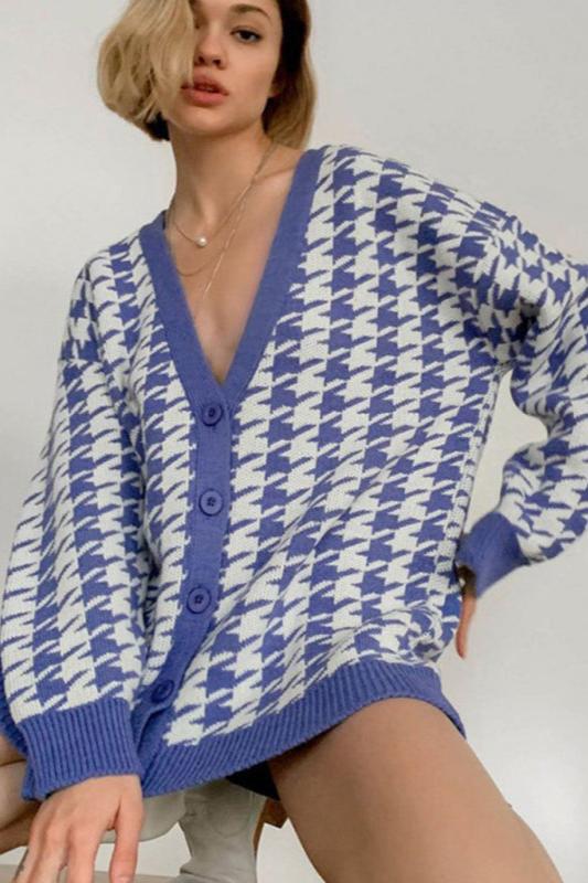 Büyük Beden Houndstooth Desenli Triko Hırka