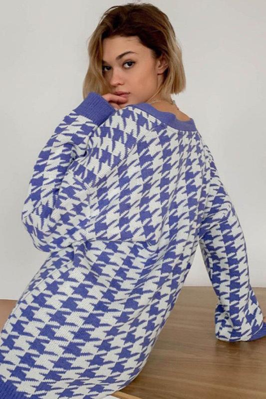 Büyük Beden Houndstooth Desenli Triko Hırka