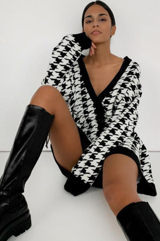 Büyük Beden Houndstooth Desenli Triko Hırka
