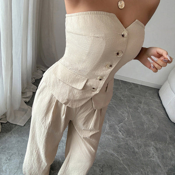 Yelekli Geniş Paça Pantolon Takımı