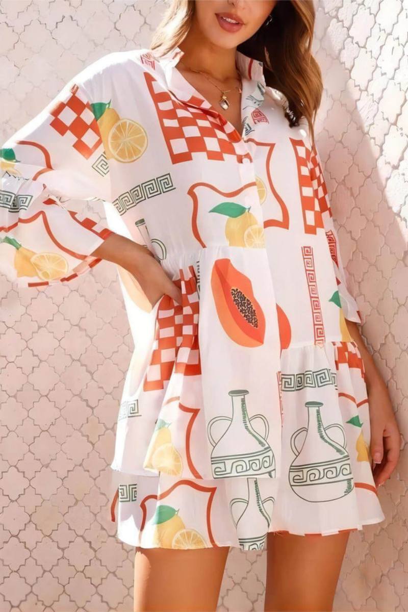 Kısa, rahat etnik stil gömlek elbisesi