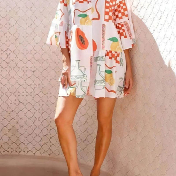 Kısa, rahat etnik stil gömlek elbisesi